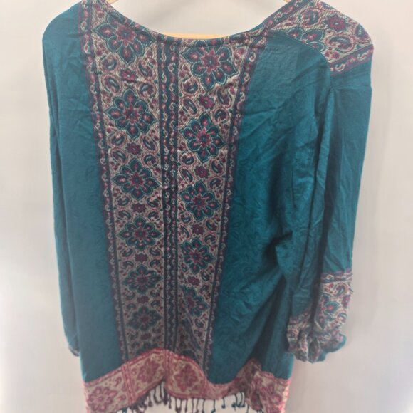 Time For Me Turquoise Brocade Kimono Boho Cardigan Fringe Size XL - Picture 2 of 12